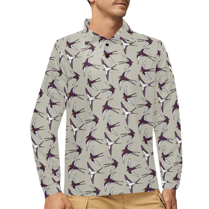 Swallow Bird Pattern Print Design 03 Long Sleeve Polo Shirt For Men's