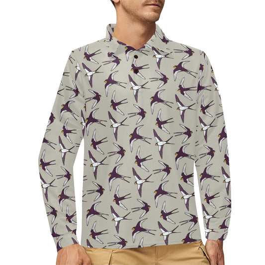 Swallow Bird Pattern Print Design 03 Long Sleeve Polo Shirt For Men's