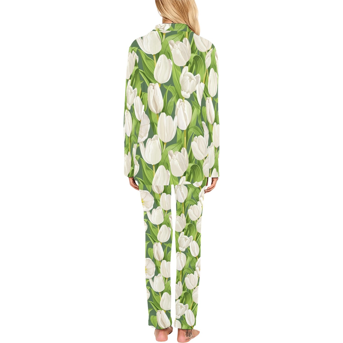 Tulip White Pattern Print Design TP05 Women's Long Pajama Set