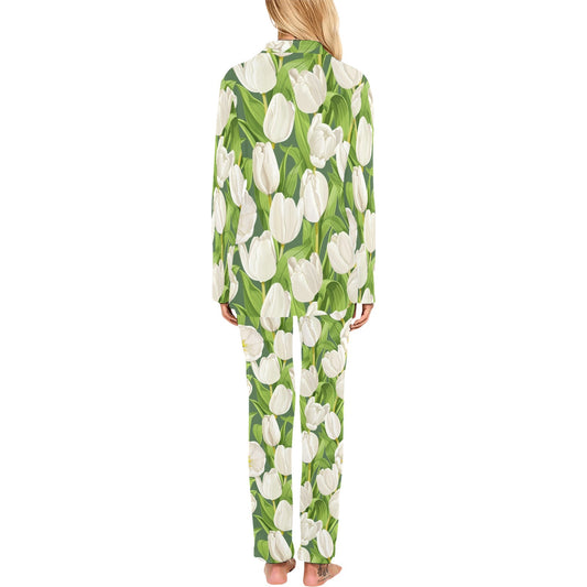 Tulip White Pattern Print Design TP05 Women's Long Pajama Set