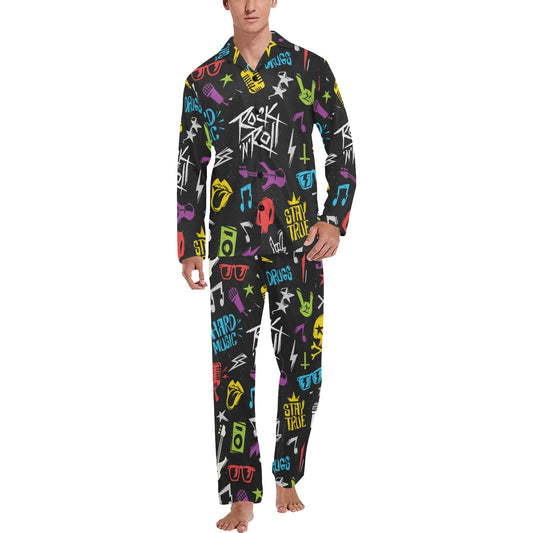 Rock and Roll Pattern Print Design A02 Men's Long Pajama Set