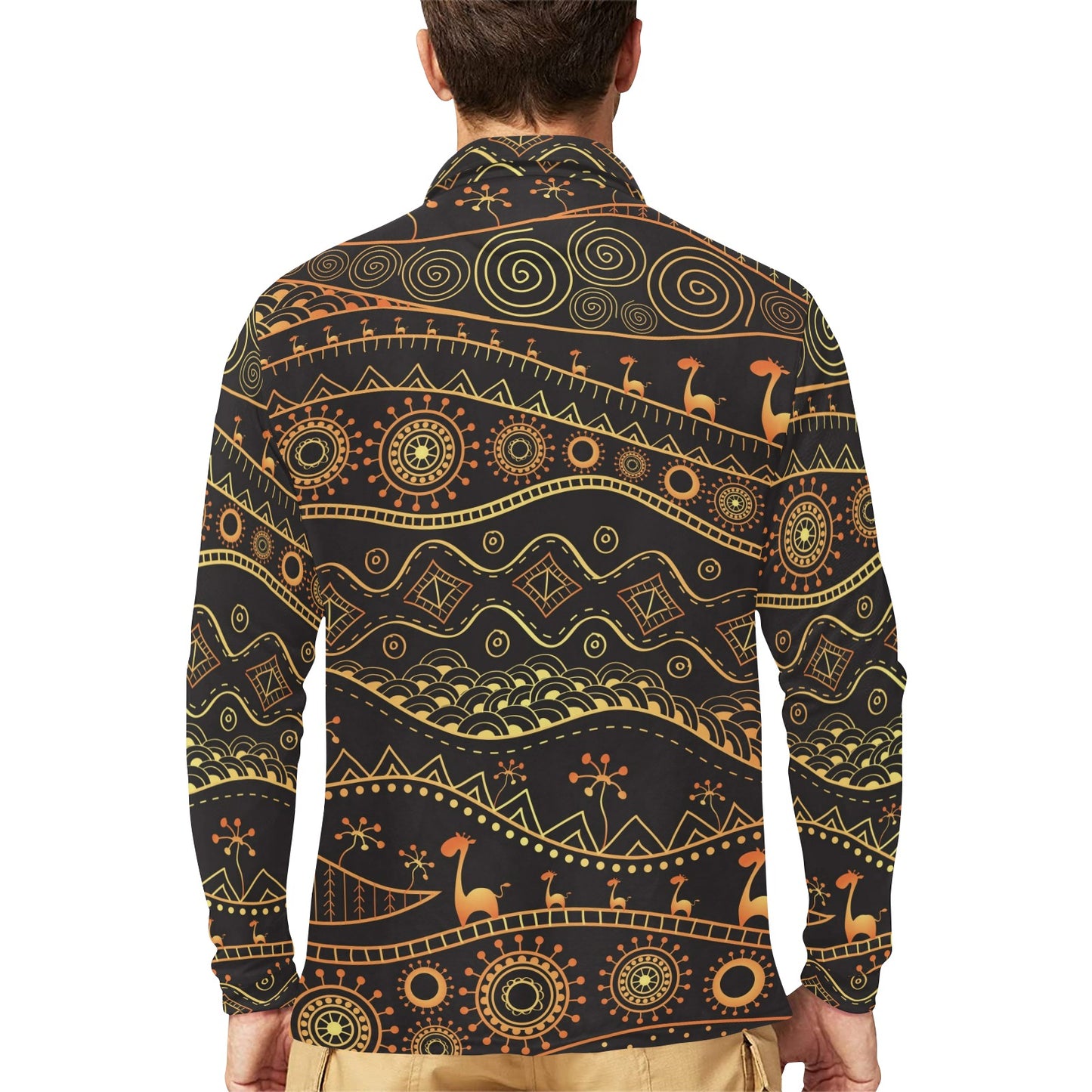 Gold African Design Long Sleeve Polo Shirt For Men's
