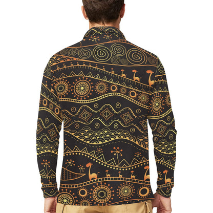 Gold African Design Long Sleeve Polo Shirt For Men's