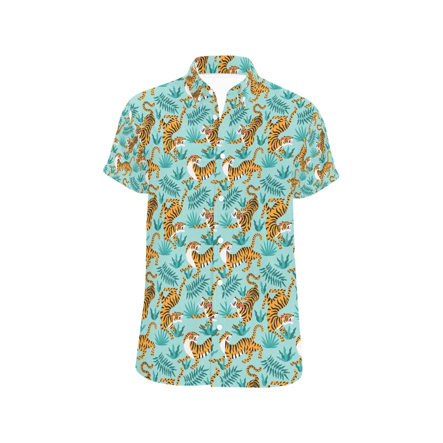 Tiger Print Design LKS304 Men Short Sleeve Button Up Shirt