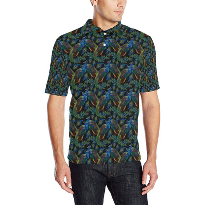 Peacock Themed Design Print Men Polo Shirt