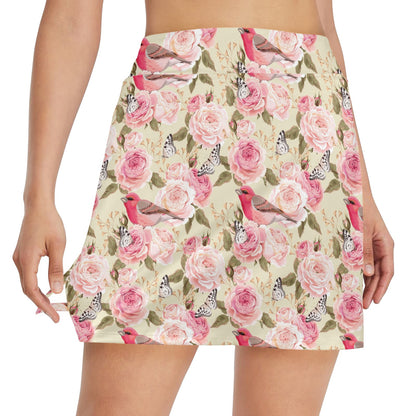 Bird Butterfly Pink Flower Print Pattern 17" Golf & Pickleball Skort with Pockets