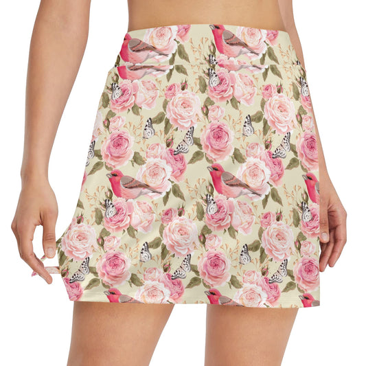 Bird Butterfly Pink Flower Print Pattern 17" Golf & Pickleball Skort with Pockets