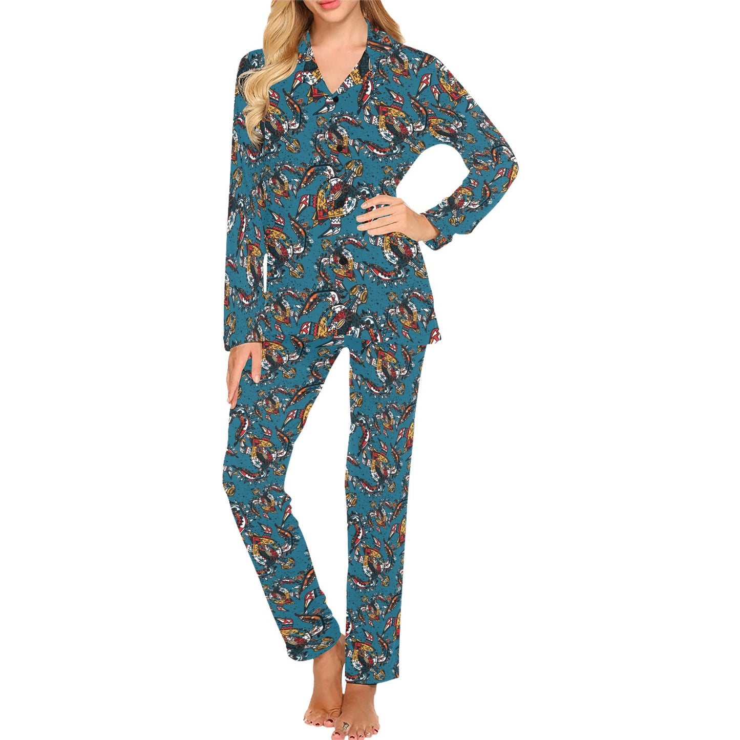 Sea Turtle Tribal Colorful Hand Drawn Women's Long Pajama Set