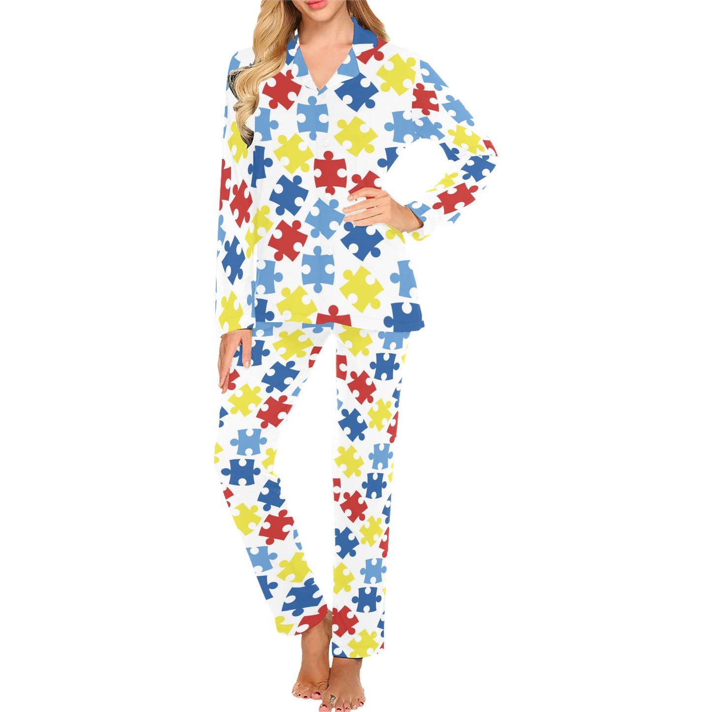 Autism Awareness Pattern Print Design 04 Women's Long Pajama Set