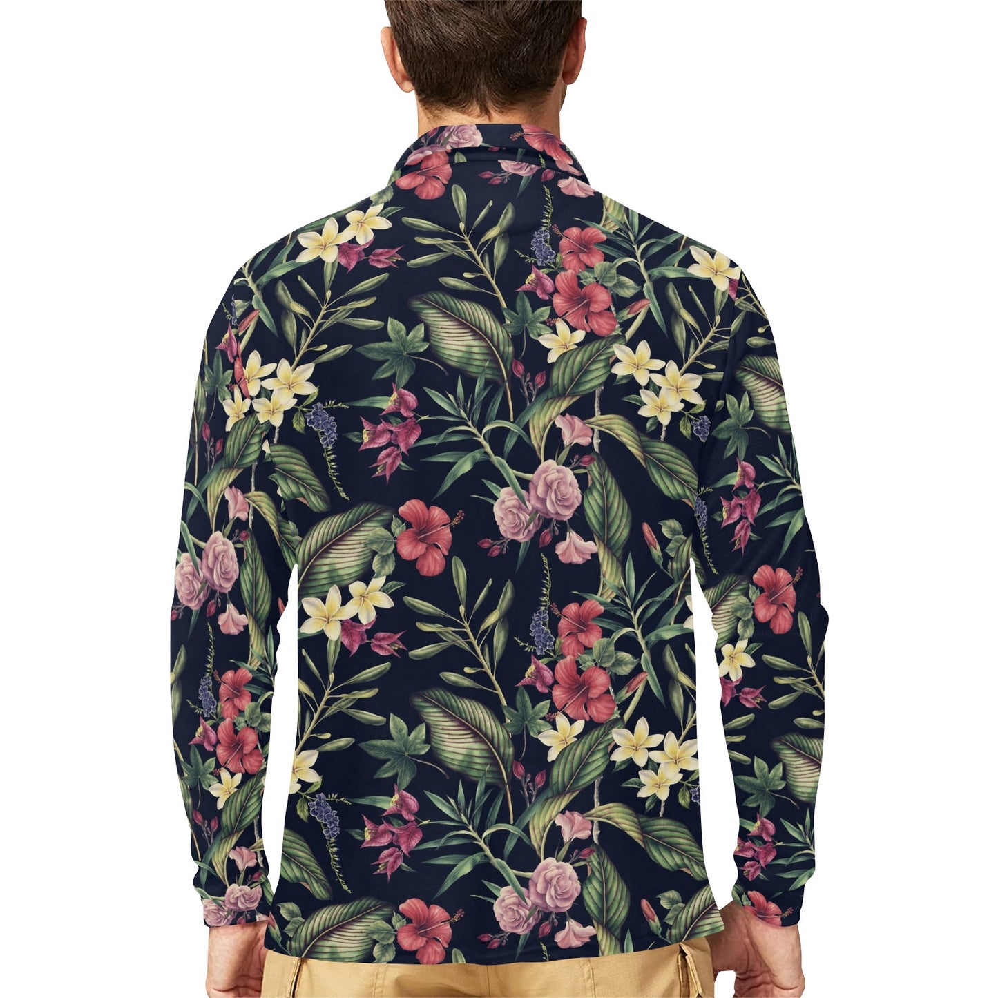 Tropical Flower Pattern Long Sleeve Polo Shirt For Men's