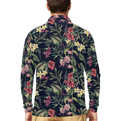 Tropical Flower Pattern Long Sleeve Polo Shirt For Men's