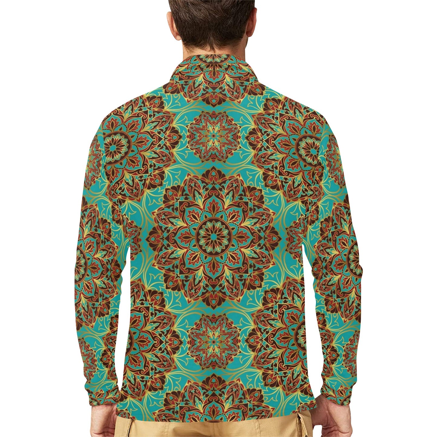 Medallion Pattern Print Design 02 Long Sleeve Polo Shirt For Men's