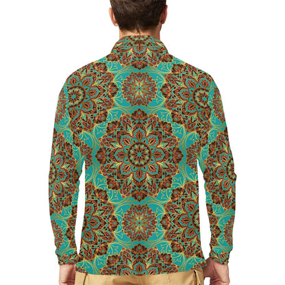 Medallion Pattern Print Design 02 Long Sleeve Polo Shirt For Men's