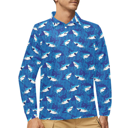 Shark Print Design LKS308 Long Sleeve Polo Shirt For Men's