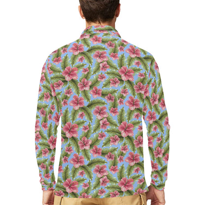 Tropical Flower Print Design LKS301 Long Sleeve Polo Shirt For Men's