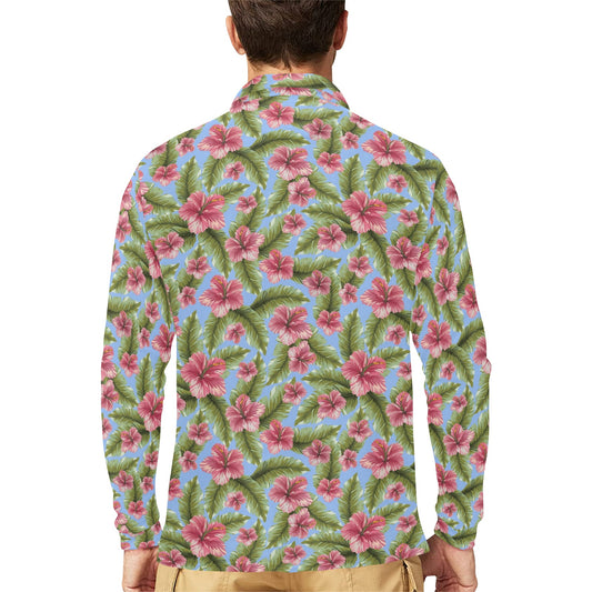 Tropical Flower Print Design LKS301 Long Sleeve Polo Shirt For Men's