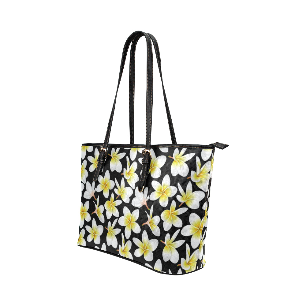 Yellow Plumeria Hawaiian Flowers Leather Tote Bag