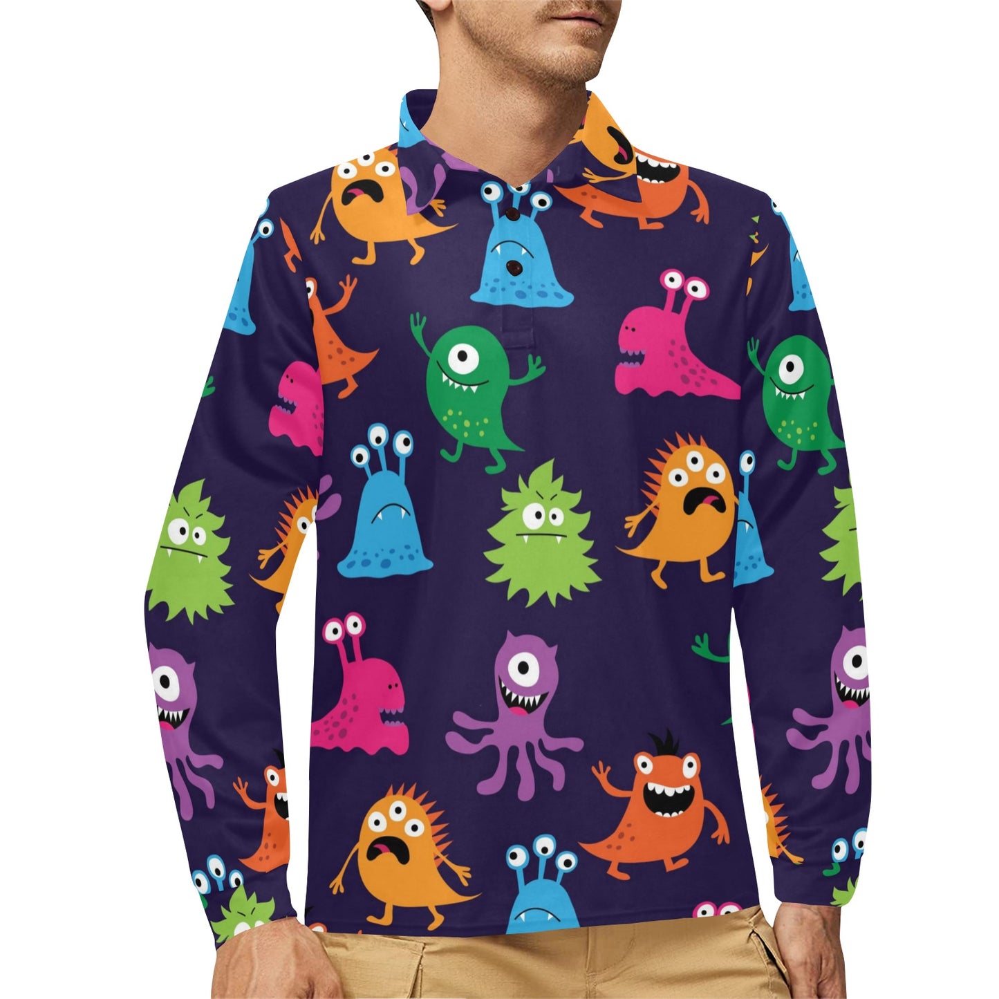 Monster Cartoon Pattern Print Design 02 Long Sleeve Polo Shirt For Men's