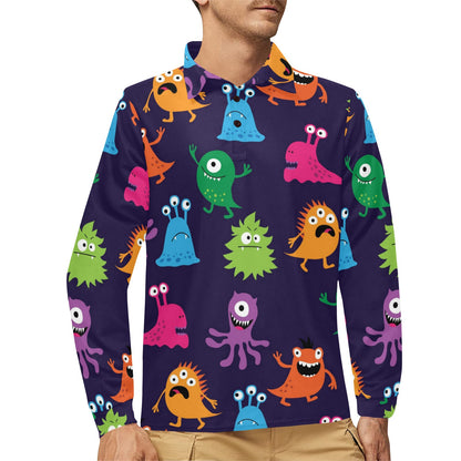 Monster Cartoon Pattern Print Design 02 Long Sleeve Polo Shirt For Men's