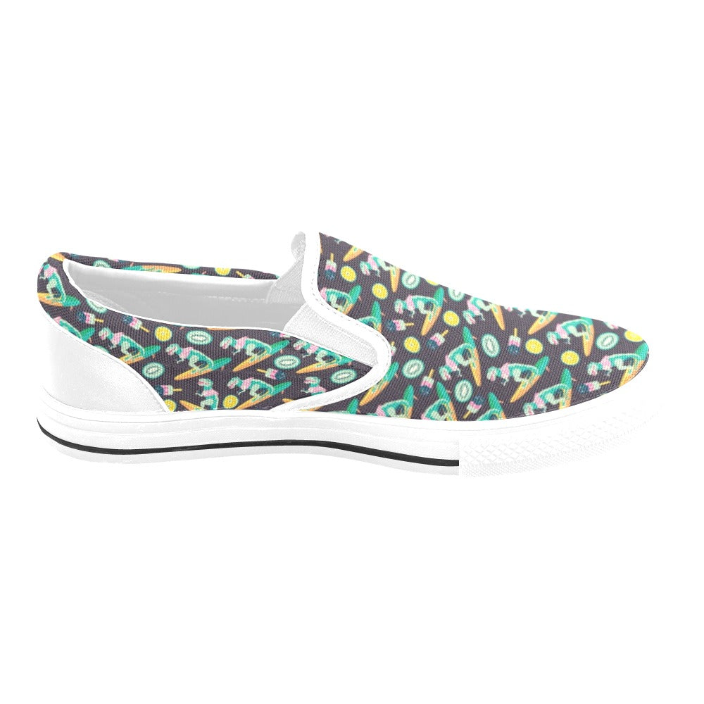 Surfboard T Rex Print Design LKS301 White Slip Ons Canvas Women's Shoes