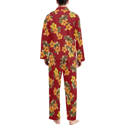 Orange Hibiscus Pattern Print Design HB026 Men's Long Pajama Set