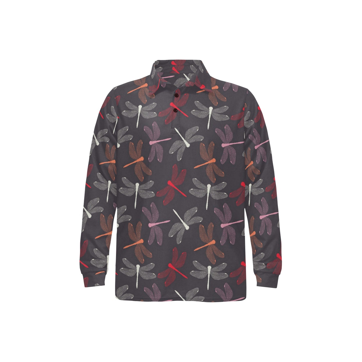 Dragonfly Pattern Print Design 01 Long Sleeve Polo Shirt For Men's