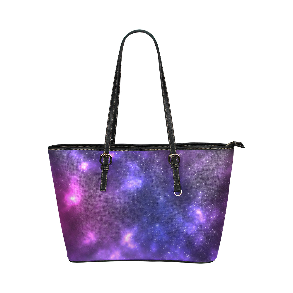 Celestial Purple Blue Galaxy Leather Tote Bag