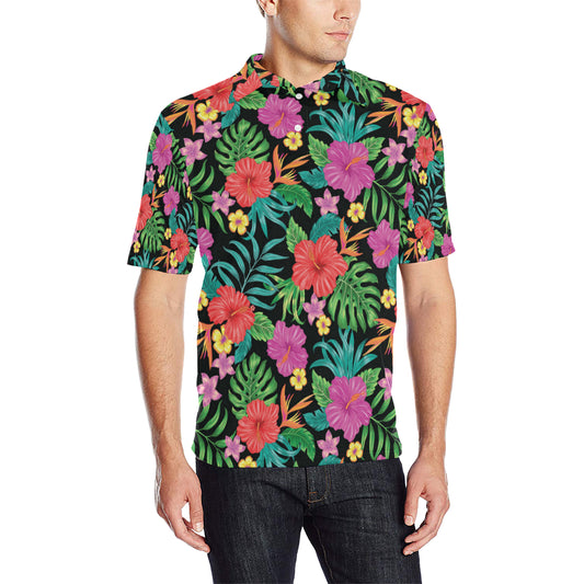 Hibiscus Red Hawaiian Flower Men Polo Shirt
