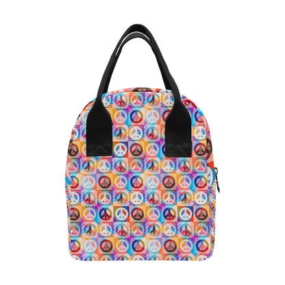 Peace Sign Patchwork Design Print Insulated Lunch Bag