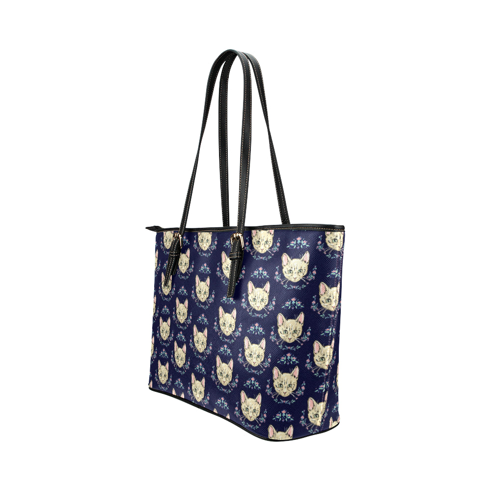 Cat Head with flower Print Pattern Leather Tote Bag