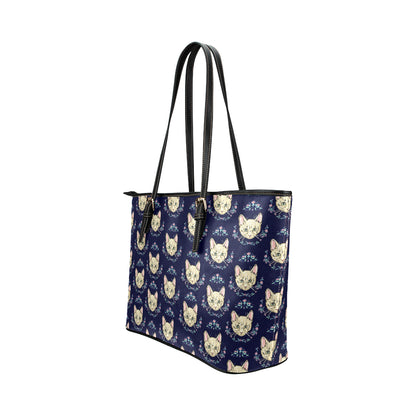 Cat Head with flower Print Pattern Leather Tote Bag