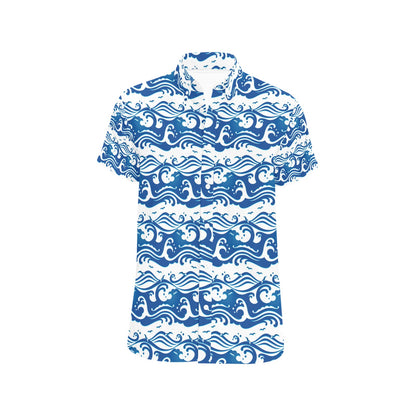Wave Print Design LKS303 Men Short Sleeve Button Up Shirt