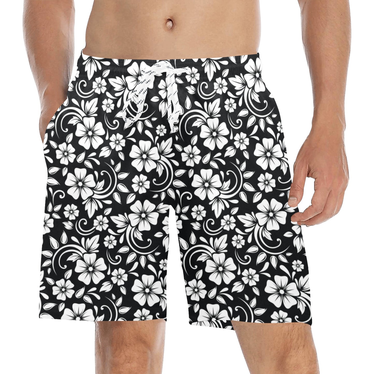Floral Black White Themed Print Men's Swim Trunks Beach Shorts