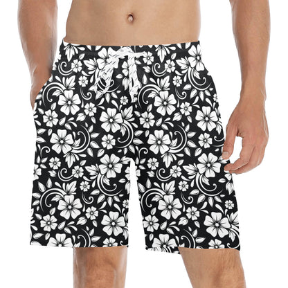 Floral Black White Themed Print Men's Swim Trunks Beach Shorts