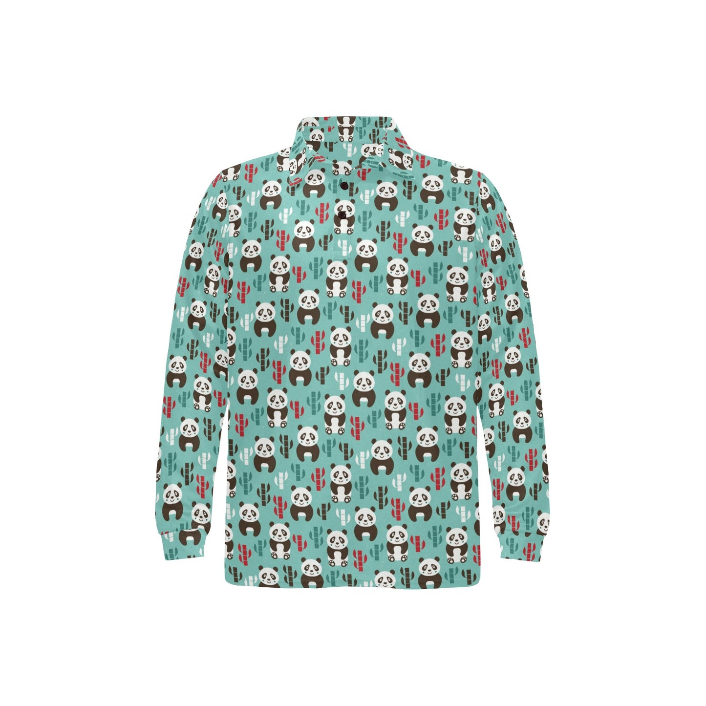 Panda Bear Cute Themed Print Long Sleeve Polo Shirt For Men's