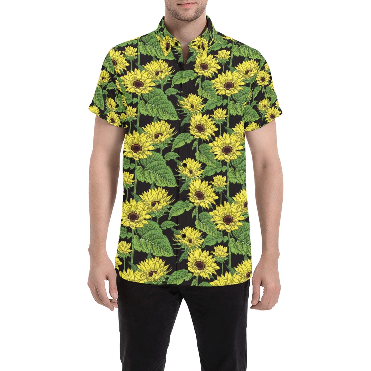 Sunflower Print Design LKS3010 Men Short Sleeve Button Up Shirt