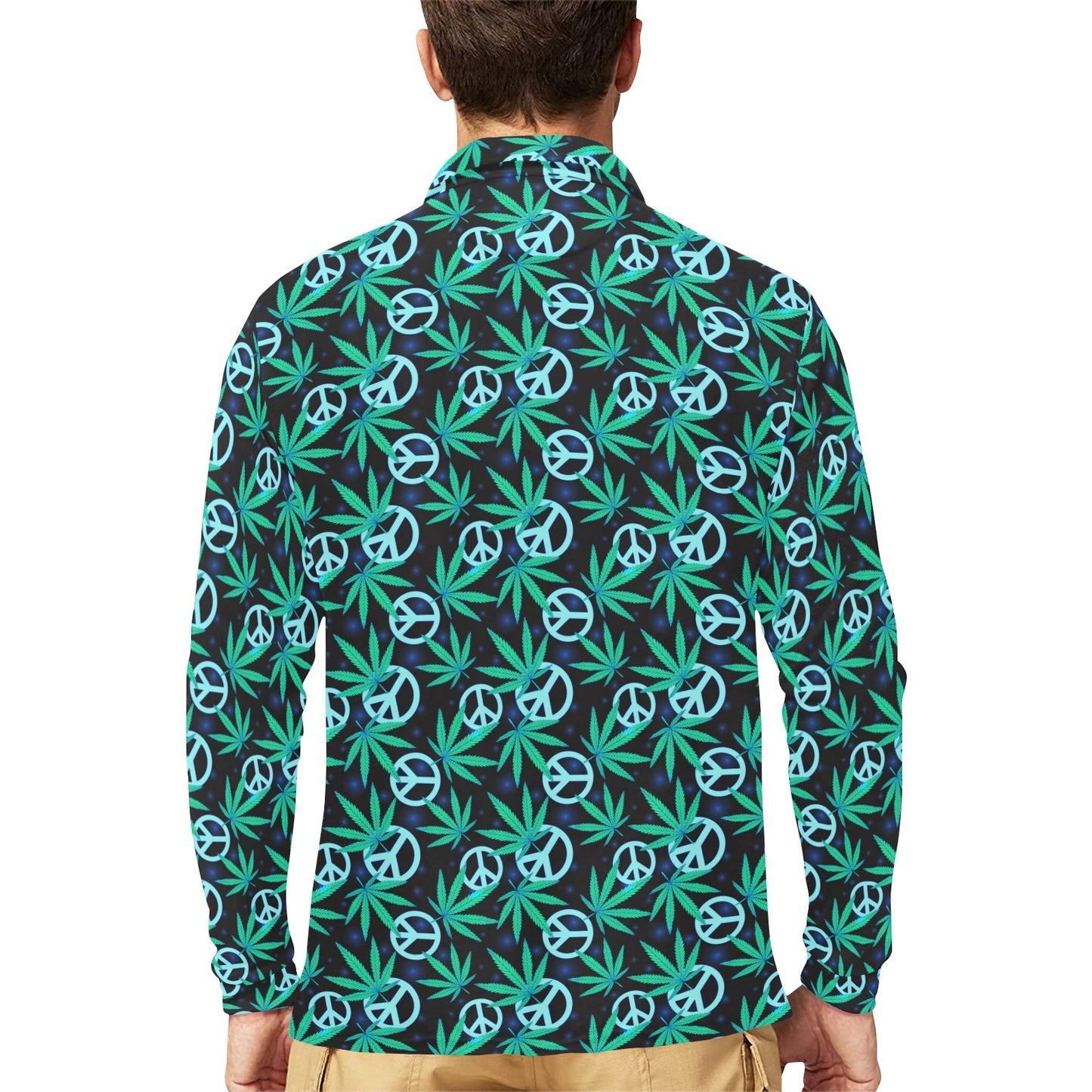 Peace Sign Themed Design Print Long Sleeve Polo Shirt For Men's