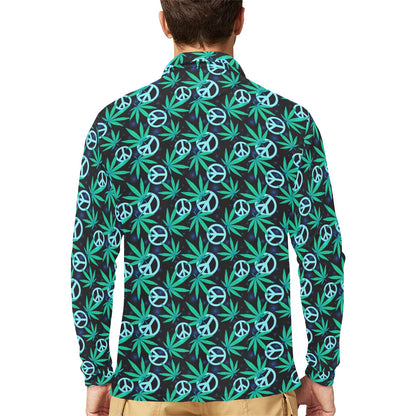 Peace Sign Themed Design Print Long Sleeve Polo Shirt For Men's