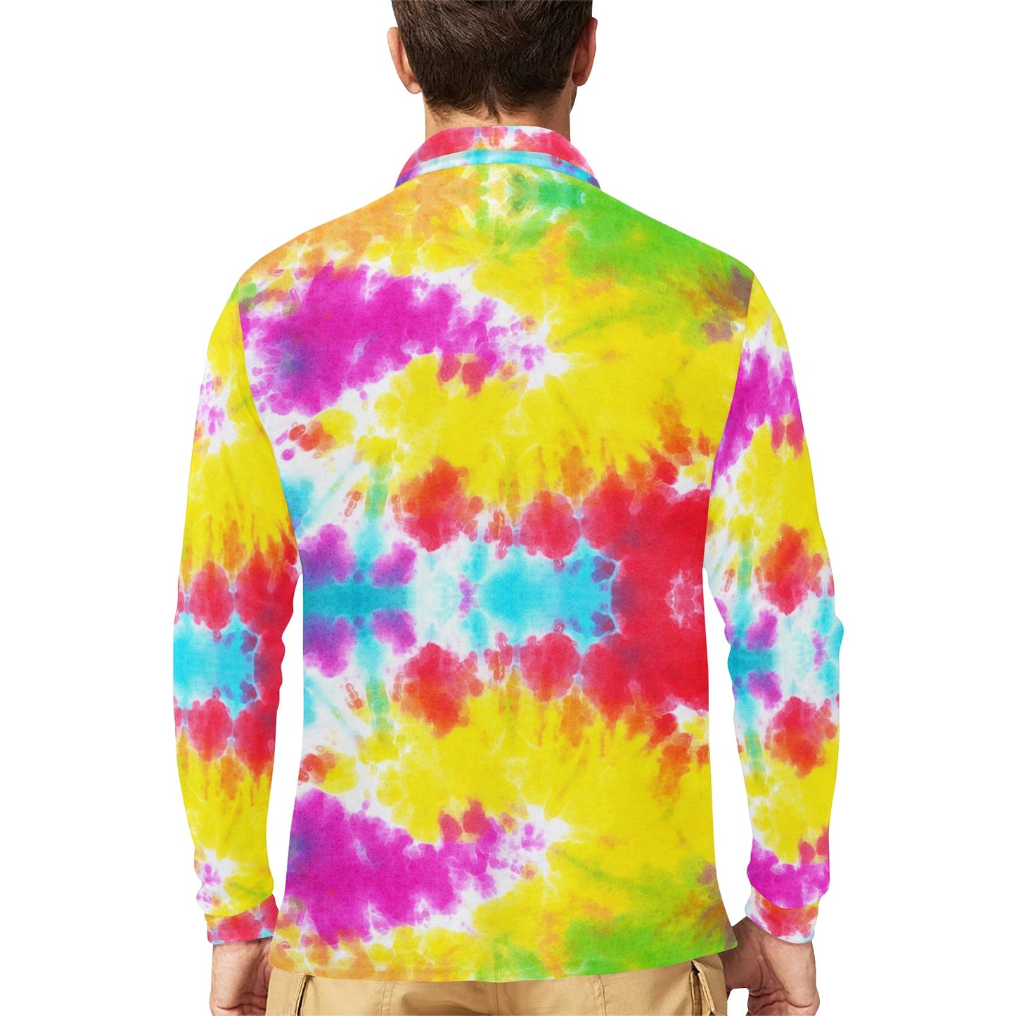 Tie Dye Rainbow Themed Print Long Sleeve Polo Shirt For Men's