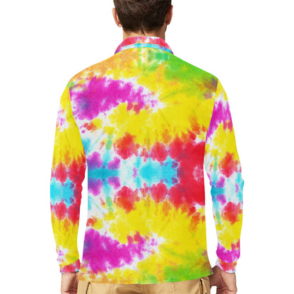 Tie Dye Rainbow Themed Print Long Sleeve Polo Shirt For Men's