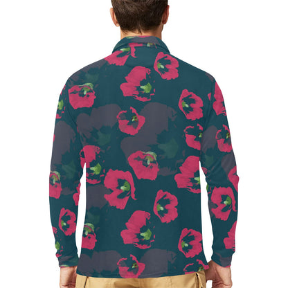 Morning Glory Pattern Print Design 01 Long Sleeve Polo Shirt For Men's