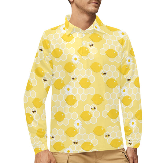 Honey Bee Honeycomb Print Design LKS3010 Long Sleeve Polo Shirt For Men's