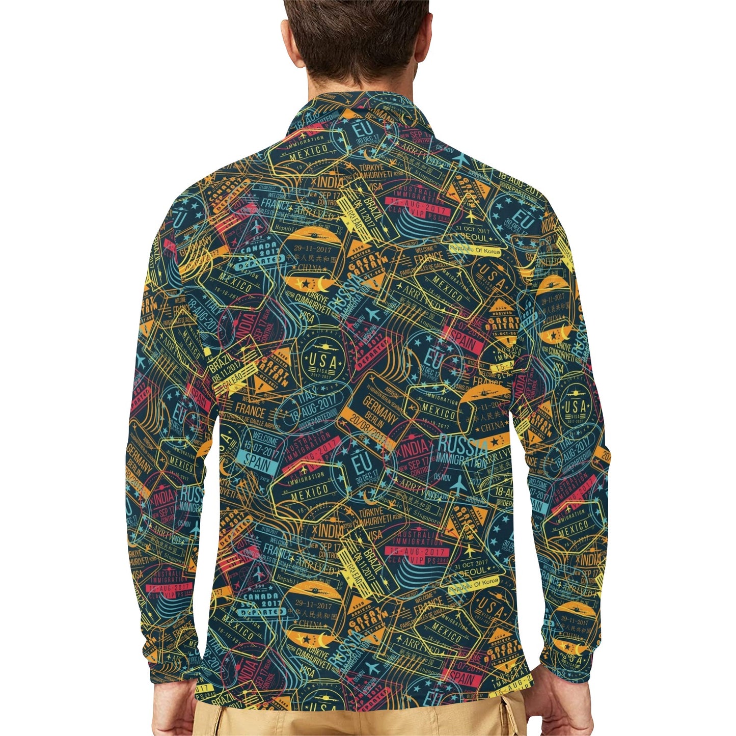 Travel Stamp Colorful Print Design LKS304 Long Sleeve Polo Shirt For Men's