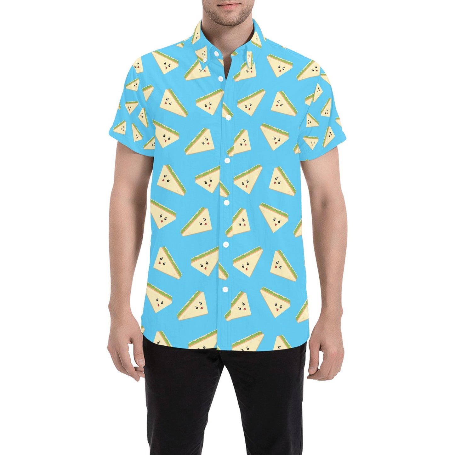 Sandwich Emoji Print Design LKS305 Men Short Sleeve Button Up Shirt
