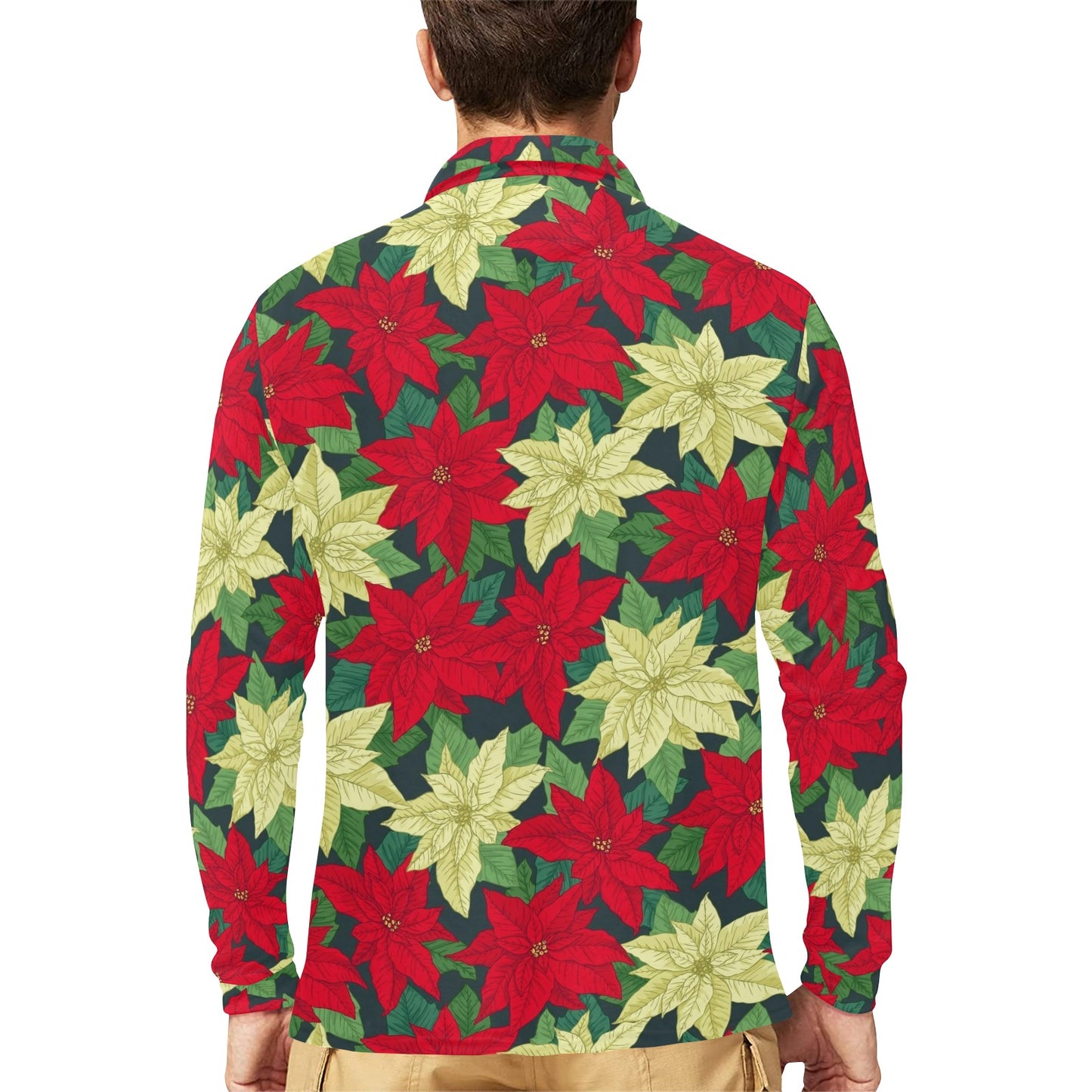 Poinsettia Pattern Print Design POT06 Long Sleeve Polo Shirt For Men's