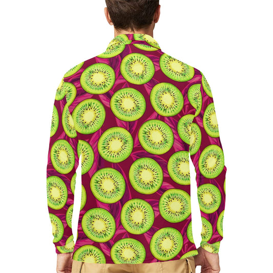 Kiwi Pattern Print Design KW05 Long Sleeve Polo Shirt For Men's