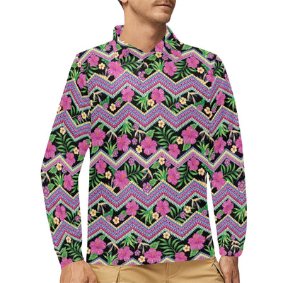 Hibiscus Pink Zigzag Line Pattern Design LKS307 Long Sleeve Polo Shirt For Men's