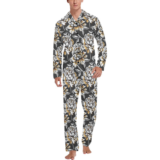 Peony Pattern Print Design PE06 Men's Long Pajama Set