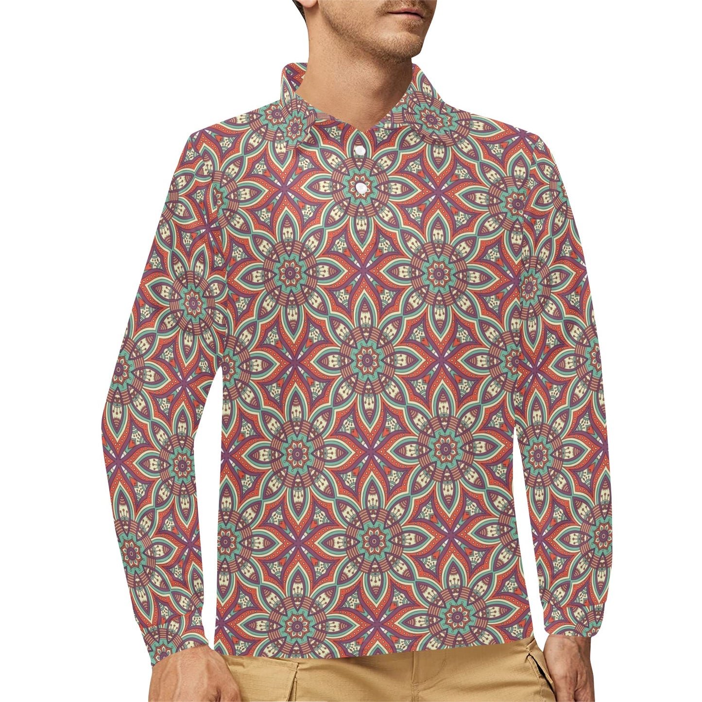 Bohemian Pattern Print Design 03 Long Sleeve Polo Shirt For Men's