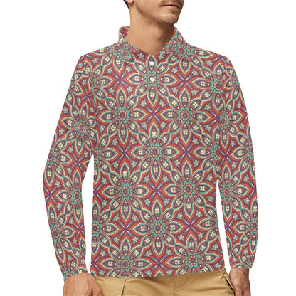 Bohemian Pattern Print Design 03 Long Sleeve Polo Shirt For Men's
